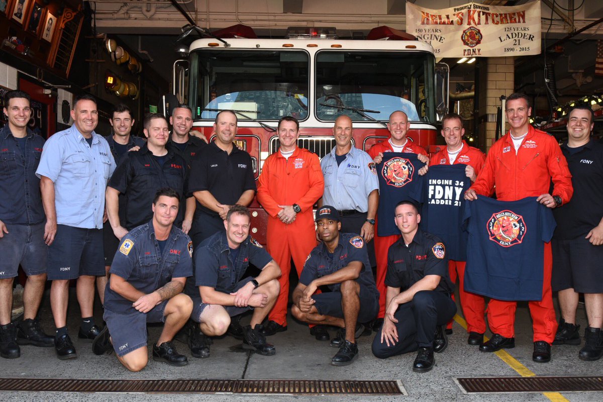 FDNY's tweet image. #FDNY members from #Engine34 #Ladder21 welcomed the @rafredarrows to their firehouse in Manhattan. The Red Arrows are in NYC to perform at the 2019 New York International Air Show this weekend.