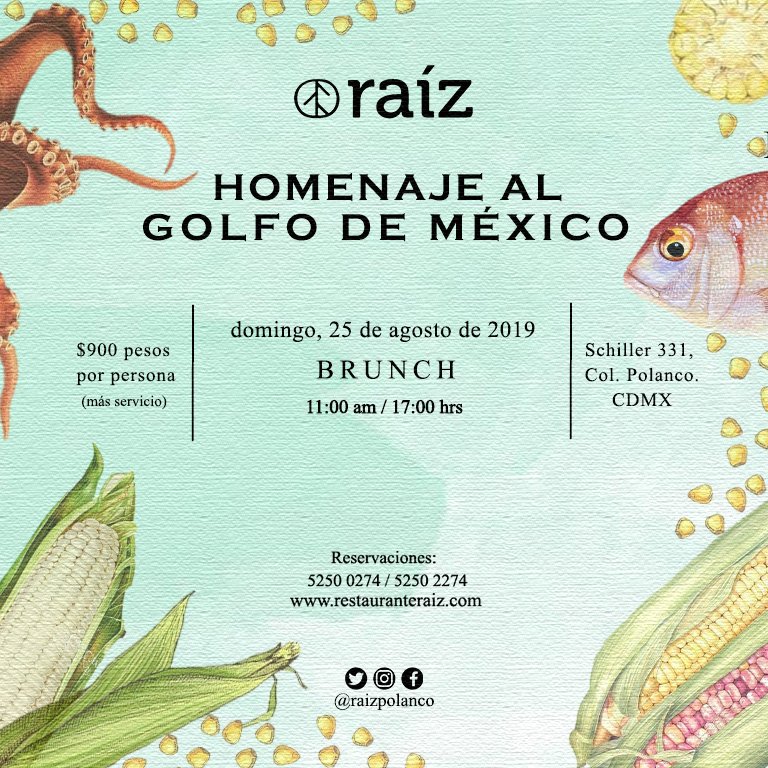 ¡Ven a nuestro BRUNCH en homenaje al Golfo de México! Próximo domingo 25 de agosto, de 11:00 am / 17:00 hrs. 

Reservaciones: 55 525 002 74 / 55 525 022 74

¡TE ESPERAMOS!

#RestauranteEnMéxico #CocinaMexicana #CocinaDeOrigen #CocinaDeRaíz #RestaurateRaíz #RaízDeIdentidades