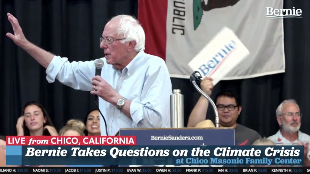 People4Bernie's tweet photo. A woman from the audience ties all the issues back to money in politics and asks Bernie if he will co-sponsor an amendment to our constitution redefining that money is not speech.
“He’s says of course I will.”
#BernieInChico https://t.co/ygfazD6bhs