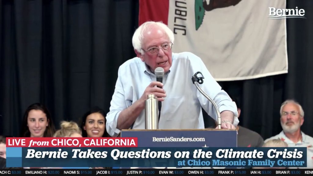 People4Bernie's tweet photo. A woman from the audience ties all the issues back to money in politics and asks Bernie if he will co-sponsor an amendment to our constitution redefining that money is not speech.
“He’s says of course I will.”
#BernieInChico https://t.co/ygfazD6bhs
