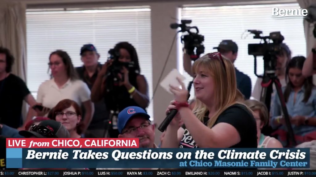 People4Bernie's tweet photo. A woman from the audience ties all the issues back to money in politics and asks Bernie if he will co-sponsor an amendment to our constitution redefining that money is not speech.
“He’s says of course I will.”
#BernieInChico https://t.co/ygfazD6bhs
