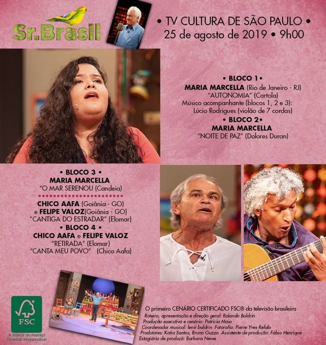 srbrasil's tweet photo. 📺No ar - Programa Sr.Brasil 🇧🇷🐥. 📢 Dia 25.08 as⏱09:00 na TV Cultura. #srbrasil #programasrbrasil #mariamarcella #chicoaafa #felipevaloz #artesanatosustentavel #tvcultura #musicabrasileira #rolandoboldrin #brasil #musica #sescpompeia https://t.co/Ms1KCOiarX