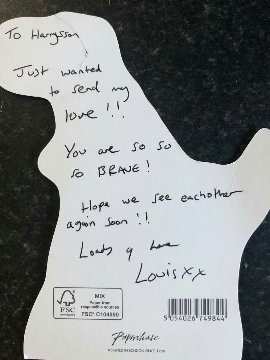 louis sends love, support and gifts to harryson with a t-rex shape card