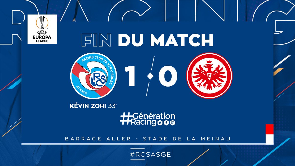 RCSA's tweet image. 🏁 TERMINÉ ! Dans un match à haute intensité, le Racing remporte le premier round 💪 Après une première mi-temps dominée, le Racing a résisté aux assauts de l&apos;@Eintracht qui a poussé pour égaliser.
Rendez-vous à Francfort dans une semaine !

#RCSASGE (1-0)