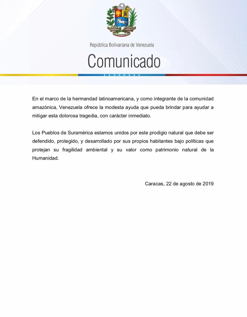 PortuguesaApc's tweet photo. #COMUNICADO | Venezuela expresa su preocupación por los terribles incendios que devastan el Amazonas, pulmón vegetal de la Tierra, y como integrante de la Comunidad Amazónica, hace un llamado a la conciencia y ofrece ayuda inmediata para mitigar esta dolorosa tragedia
@jaarreaza https://t.co/6AyUL395hK