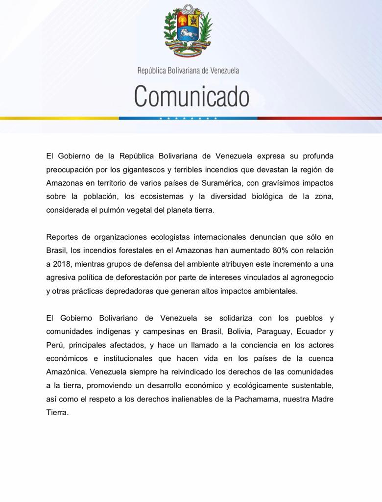 PortuguesaApc's tweet photo. #COMUNICADO | Venezuela expresa su preocupación por los terribles incendios que devastan el Amazonas, pulmón vegetal de la Tierra, y como integrante de la Comunidad Amazónica, hace un llamado a la conciencia y ofrece ayuda inmediata para mitigar esta dolorosa tragedia
@jaarreaza https://t.co/6AyUL395hK