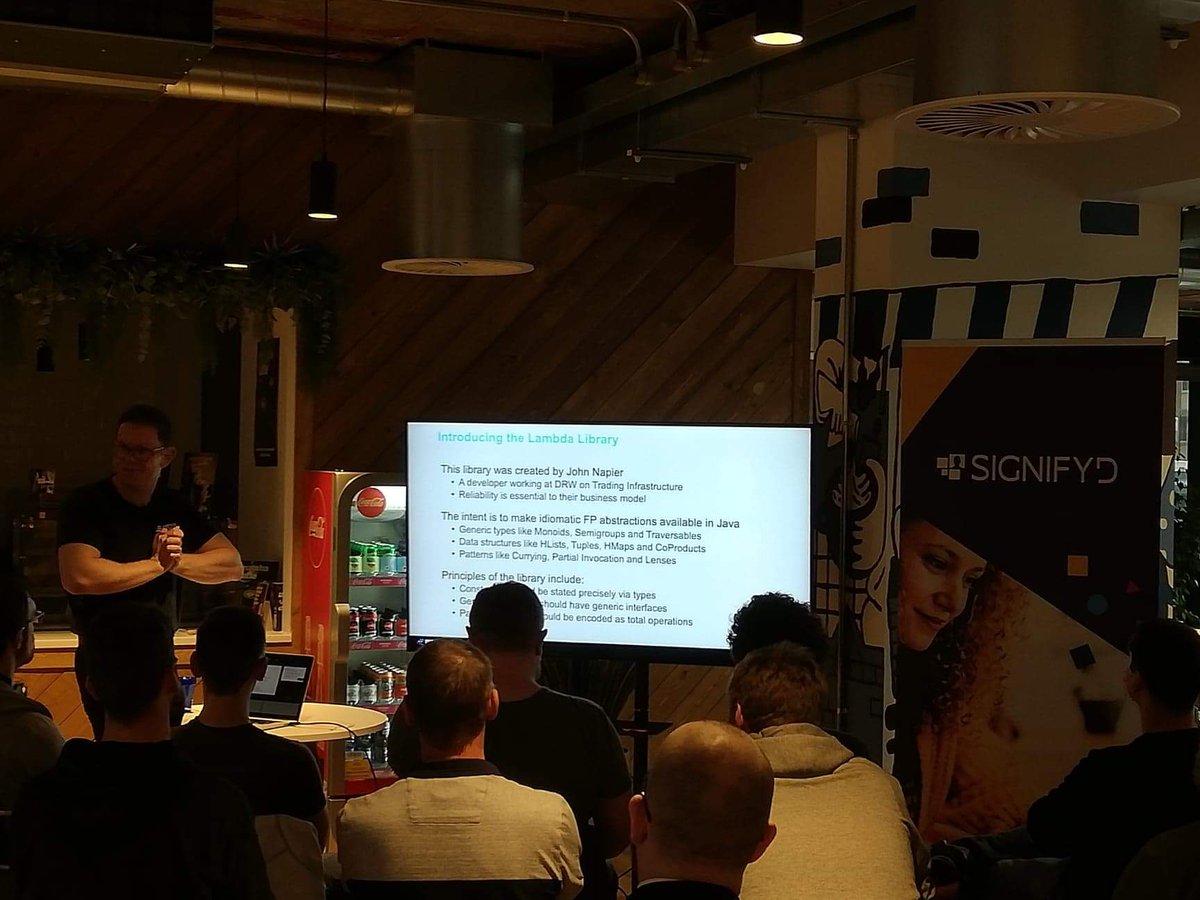 GarthGilmour's tweet photo. Speaking at @BelfastJUG this evening on Lambda and @vavr_io. Thanks to @signifyd for hosting and food, and kudos to @danieldietrich and @jnape for two awesome libraries! https://t.co/zKc8NWaVBe