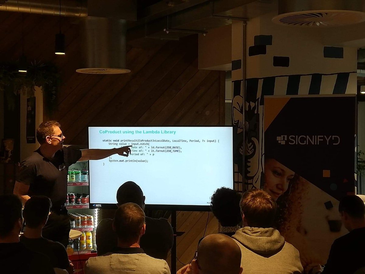 GarthGilmour's tweet photo. Speaking at @BelfastJUG this evening on Lambda and @vavr_io. Thanks to @signifyd for hosting and food, and kudos to @danieldietrich and @jnape for two awesome libraries! https://t.co/zKc8NWaVBe