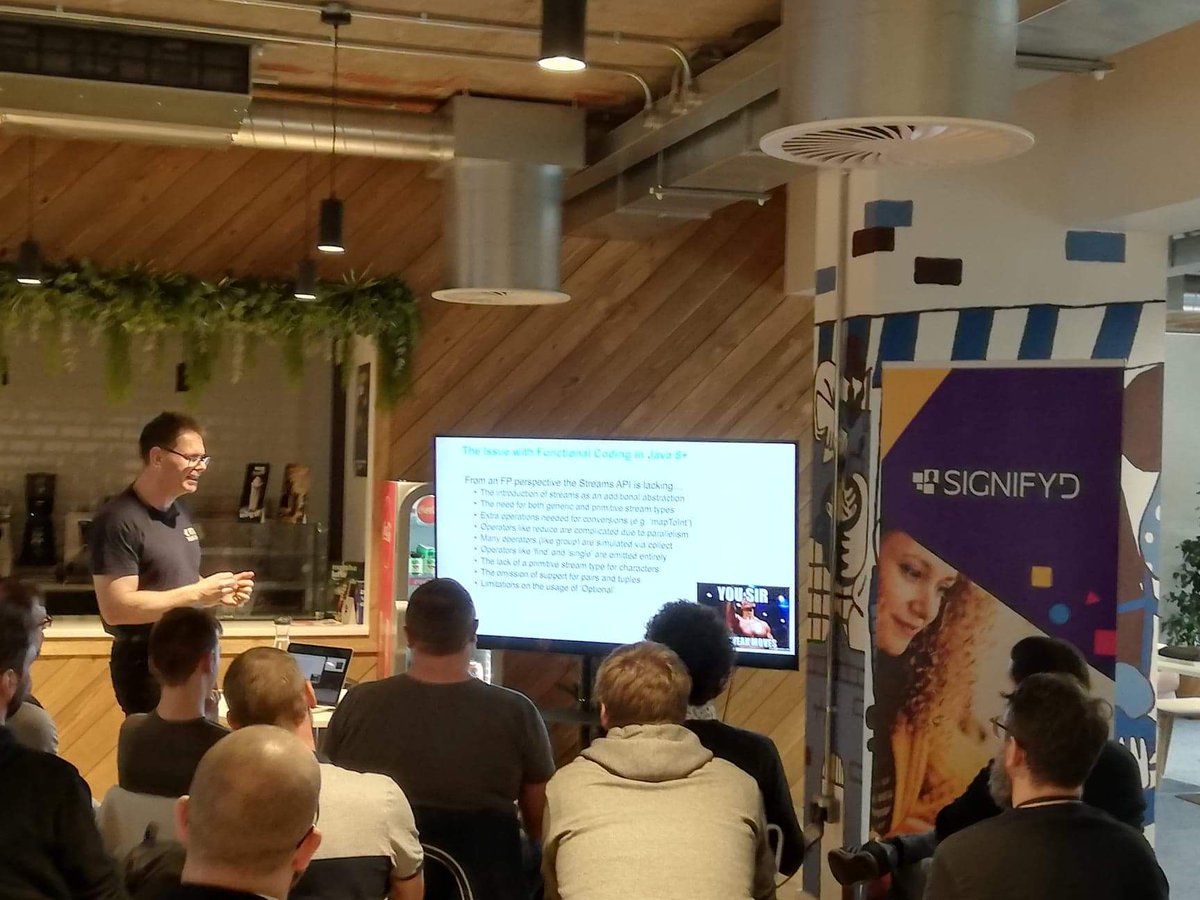 GarthGilmour's tweet photo. Speaking at @BelfastJUG this evening on Lambda and @vavr_io. Thanks to @signifyd for hosting and food, and kudos to @danieldietrich and @jnape for two awesome libraries! https://t.co/zKc8NWaVBe