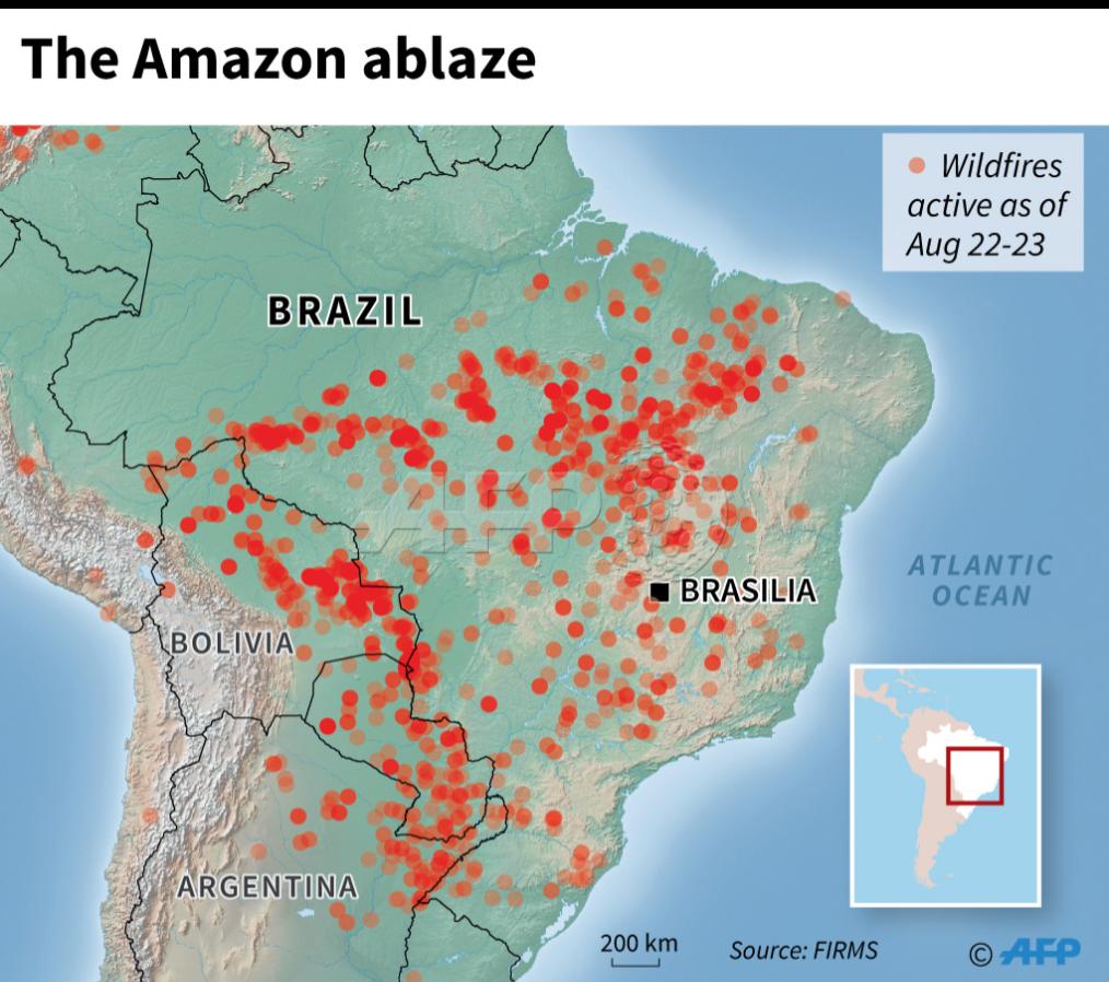 AFP's tweet photo. The number of forest fires in Brazil surged in the first eight months of 2019. Here are the wildfires in the Amazon active as of August 22-23 https://t.co/ZtiaPlgGQz https://t.co/a9vjEHOEtP