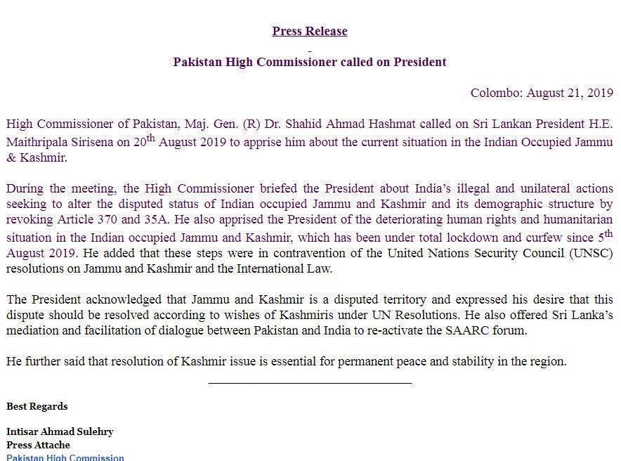 husainhaqqani's tweet image. Pakistan High Commission in Sri Lanka says Sri Lankan President supports Pakistan on Kashmir &amp;amp; offered mediation thru SAARC. Sri Lankan President’s office says he didn’t. 🤔