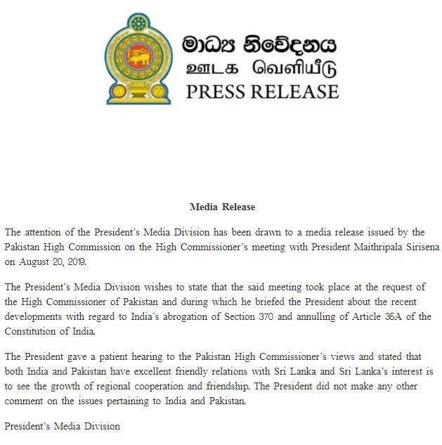 husainhaqqani's tweet image. Pakistan High Commission in Sri Lanka says Sri Lankan President supports Pakistan on Kashmir &amp;amp; offered mediation thru SAARC. Sri Lankan President’s office says he didn’t. 🤔