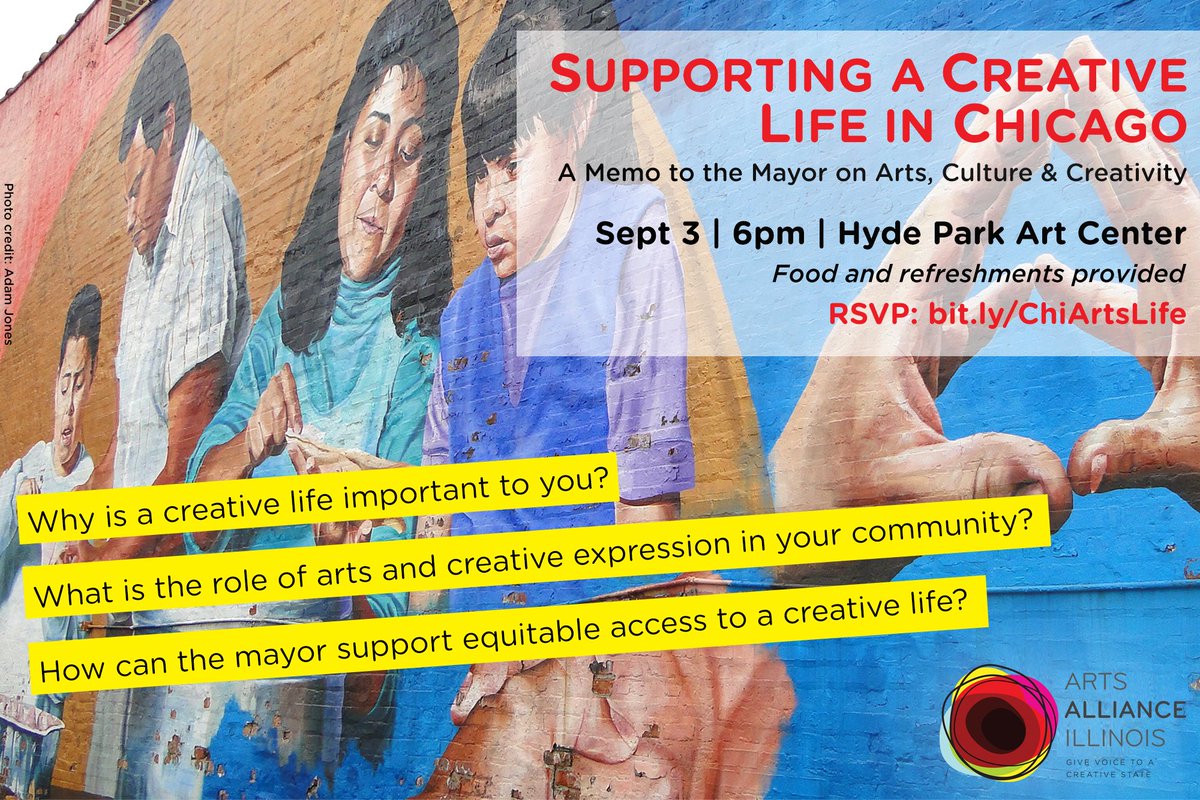 📢 Chicago supporters: Make your voice heard Sept 3 as we partner with <a href="/HPAC_chicago/">Hyde Park Art Center</a>, <a href="/zamlabs/">ZaMLabs, Inc.</a> &amp; MKH Arts Management for a free community forum to discuss Mayor Lightfoot's arts agenda. Space is limited so act fast!

✍️🏽RSVP: bit.ly/ChiArtsLife