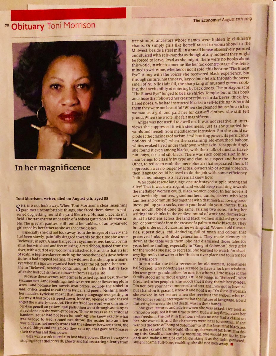 Prof_FiChambers's tweet photo. Beautifully written and powerful obituary @TheEconomist #RIPToniMorrison https://t.co/NyOVJ2ZLem