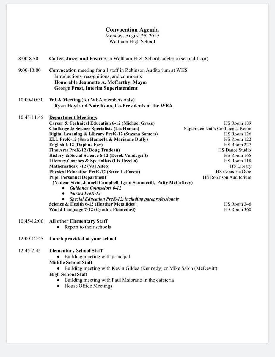 WHSCTEprograms's tweet image. For a Waltham Public School employees  here is the Agenda for Monday!😀😀