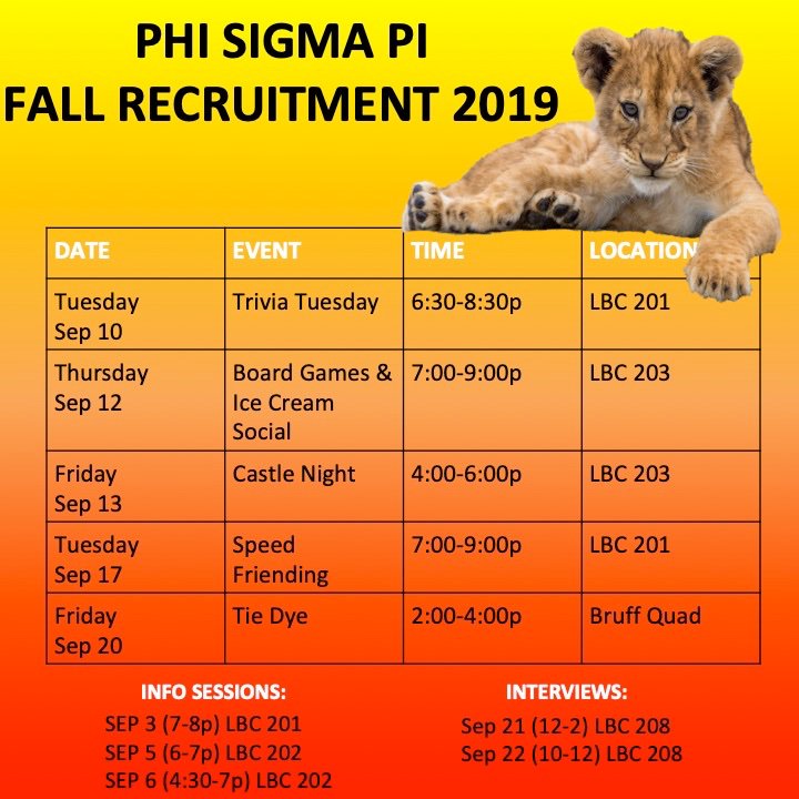psptulane's tweet photo. As the class of 2023 arrives on campus and the upperclassmen get ready to return, the recruitment buzz begins to build! Here is the schedule for Fall 2019 Recruitment at Tulane University - can't wait to meet all the PNMs!
#phisigmapi #pspfallrecruitment #brothers https://t.co/QJgnby5Y4u