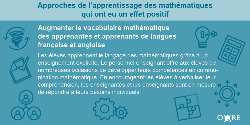L’analyse des données de l’OQRE ainsi que des données provenant de la salle de classe et du conseil scolaire aident le personnel enseignant à cerner les points forts et les domaines nécessitant un soutien supplémentaire.