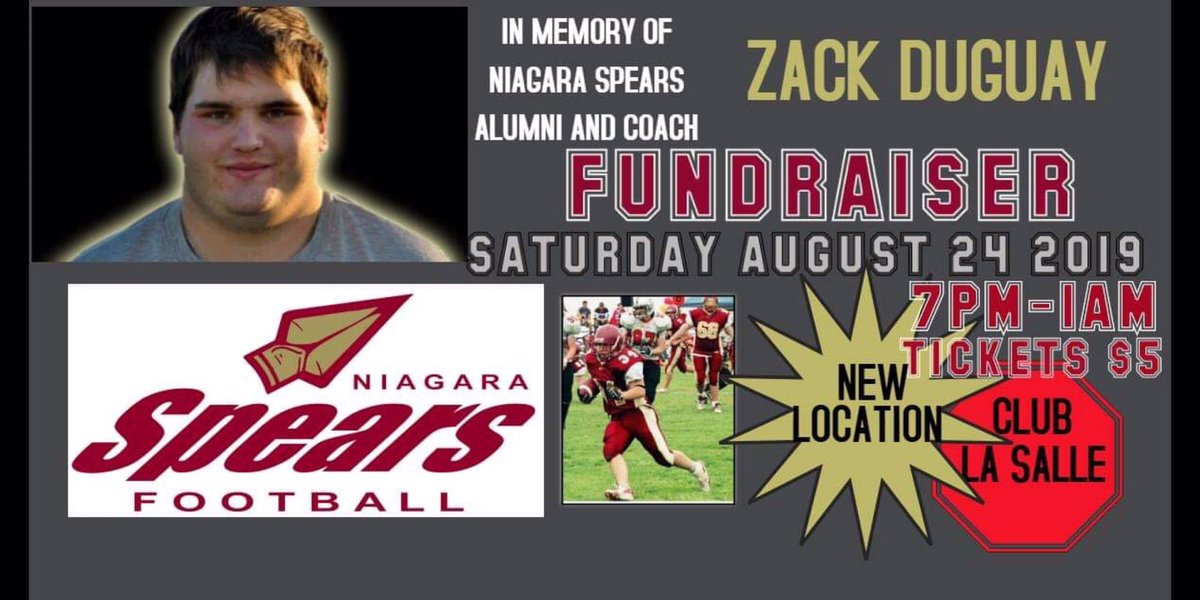 JSBroom43's tweet photo. Saturday Night!!! #SpreadTheWord #zackduguaymemorial #NiagaraSpearsFootball ・・・
We’re sorry for any in convenience this puts on anyone. The event will continue as planned at our NEW location! #niagaraspearsfans #zackduguay68 #niagaraspearsfamily #familyfirst #fundraisertime https://t.co/DlhbtAgpkN