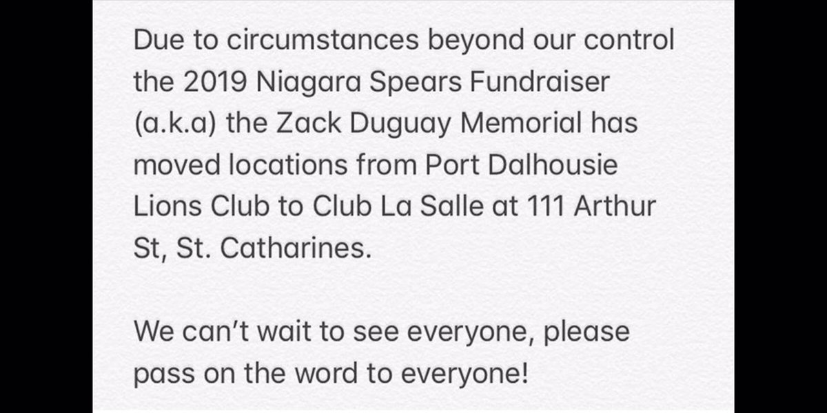 JSBroom43's tweet photo. Saturday Night!!! #SpreadTheWord #zackduguaymemorial #NiagaraSpearsFootball ・・・
We’re sorry for any in convenience this puts on anyone. The event will continue as planned at our NEW location! #niagaraspearsfans #zackduguay68 #niagaraspearsfamily #familyfirst #fundraisertime https://t.co/DlhbtAgpkN