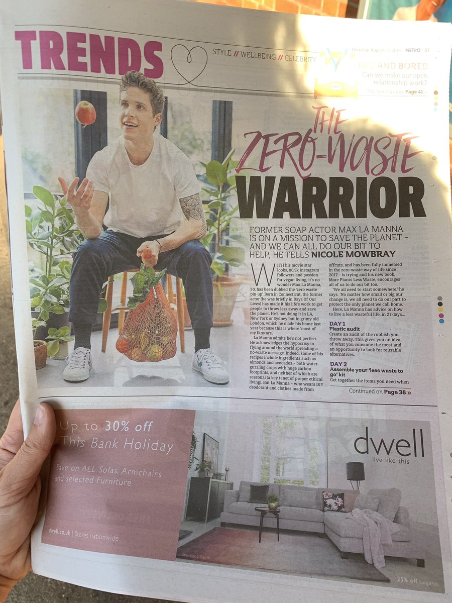 BeccaCMundy's tweet photo. Happy publication day to Max La Manna #MorePlantsLessWaste gets another supplement cover to celebrate today in @MetroUK @zerowastemax @YellowKiteBooks https://t.co/wQja3bgHpG