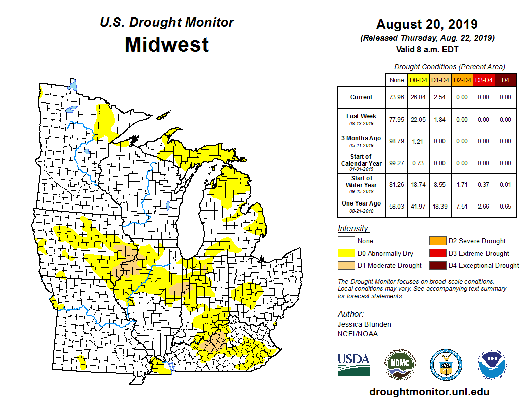 NOAANCEI's tweet photo. August 20: Abnormal dryness and moderate drought expanded in parts of the Midwest. https://t.co/hs7rCpQMsY #DroughtMonitor #INwx #ILwx #MIwx #KYwx #ILdrought #MIDrought #KYDrought https://t.co/b9k7sVZc3l