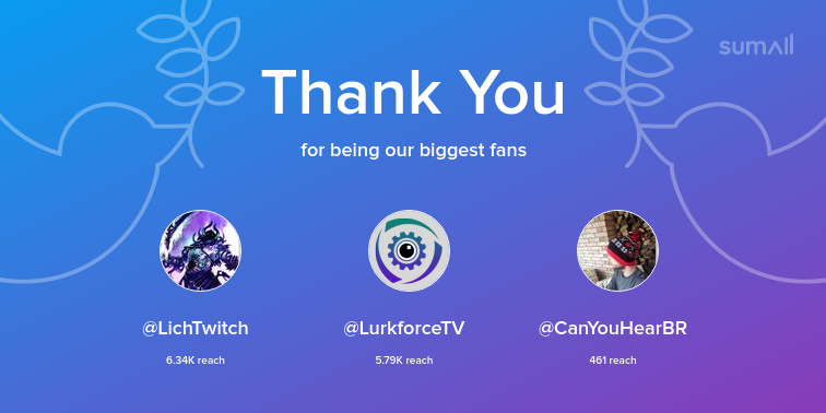 Our biggest fans this week: LichTwitch, LurkforceTV, CanYouHearBR. Thank you! via sumall.com/thankyou?utm_s…