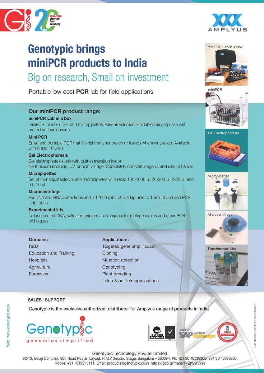Genotypic Technology (@genotypictech) on Twitter photo Genotypic is happy to announce our association with Amplyus LLC, USA as the exclusive distributor for miniPCR products in India.
To have your own Portable PCR call/Whatsapp +91 7619275111 or email us at products@genotypic.co.in
#genotypictechnology #miniPCR Genotypic is happy to announce our association with Amplyus LLC, USA as the exclusive distributor for miniPCR products in India.
To have your own Portable PCR call/Whatsapp +91 7619275111 or email us at products@genotypic.co.in
#genotypictechnology #miniPCR