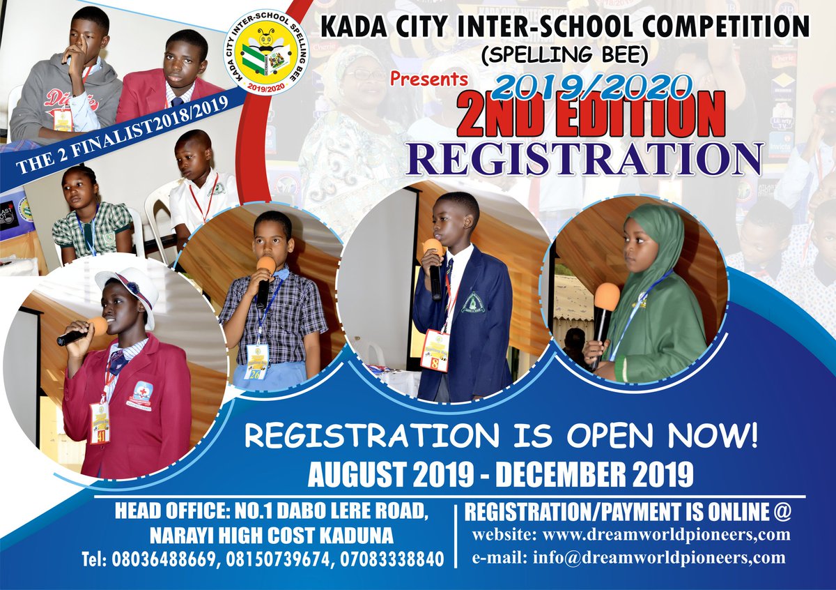 GREGORYPIUS's tweet photo. Kada City Interschools Competition (Spelling Bee) 2nd edition now open.
@Abdu_Kwari
@ubasanius
@SenDanjumalaah
@GovKaduna
@InsideKaduna_
@KDHSSD
@KadariaAhmed
@contactkdsg
@KadunaNma
@KadunaUnity
@kdkapsco
@iamoludavid
@spell_now
@john_danfulani
@IAmJohnLuka
Register Now. https://t.co/F4tREbF13Y