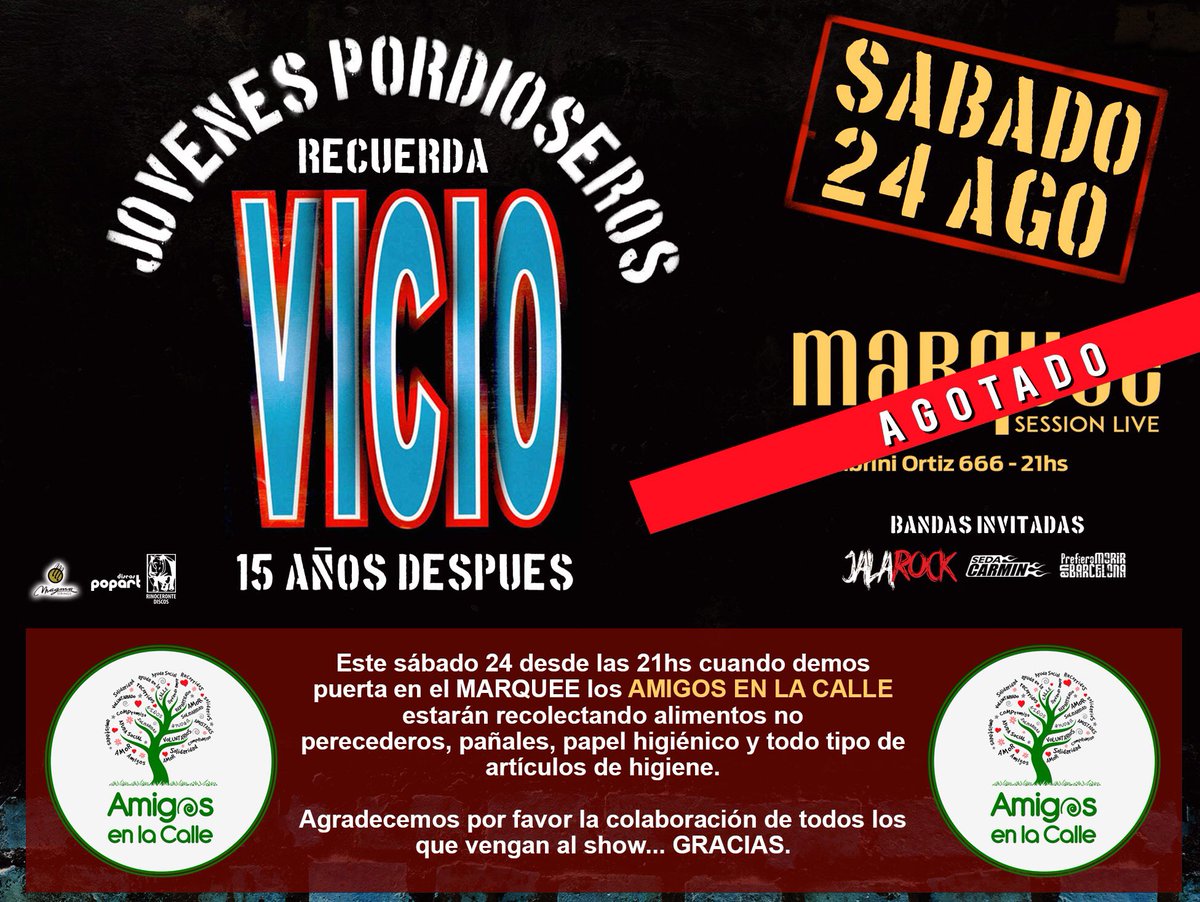 Este sábado 24 desde las 21hs cuando demos puerta en el MARQUEE los AMIGOS EN LA CALLE estarán recolectando alimentos noperecederos, pañales, papel higiénico y todo tipo de artículos de higiene.Agradecemos por favor la colaboración de todos los que vengan al show... GRACIAS.