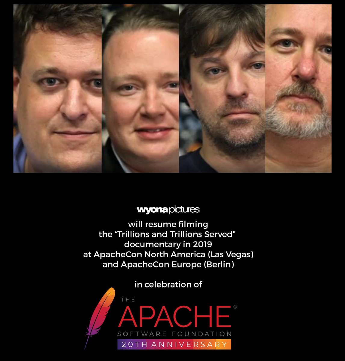 TheASF's tweet image. "Trillions and Trillions Served", the documentary on The Apache Software Foundation, will resume filming at @ApacheCon Las Vegas and Berlin youtu.be/UvuyBz1qMCE . Join us! Support this project s.apache.org/trillions #SupportApache #OpenSource #community