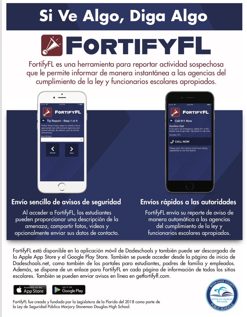 HMLSrHighSchool's tweet photo. #TrojanFamilia “Si ve algo, diga algo” report suspicious activity through #FortifyFL mobile app. @MDCPSNorth @MiamiSup @NROSup @HMLboosterclub @HMLActivities @HMLYearbook2020 @HMLclassof2022 @HMLclassof2021 @MDCPSPHantman https://t.co/06tDErOqfd