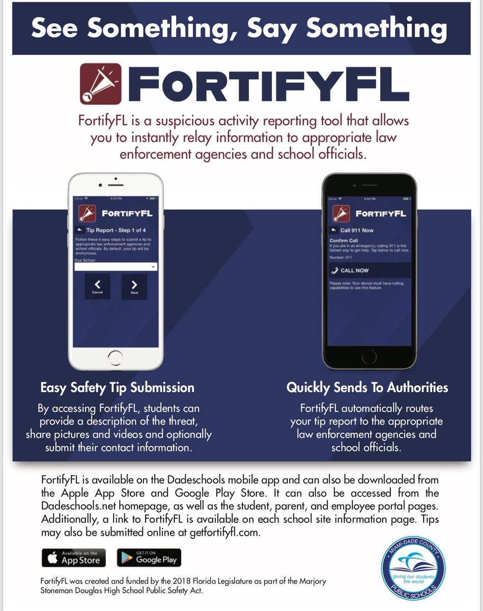 HMLSrHighSchool's tweet photo. #TrojanFamily “See Something, Say Something” report suspicious activity through #FortifyFL mobile app. @MDCPSNorth @MiamiSup @NROSup @HMLboosterclub @HMLActivities @HMLYearbook2020 @HMLclassof2022 @HMLclassof2021 @MDCPSPHantman https://t.co/BsQOyeUi2Y