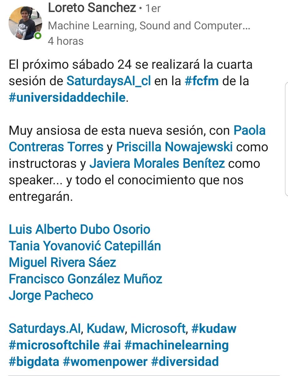saturdaysAI_cl's tweet photo. Este sábado es nuestra 4ta jornada, ahora en la fcfm de la Universidad de Chile, puro #womenpower, 1 speaker y 2 instructoras #diversidad #machinelearning #SaturdaysAIcl #Saturdays.AI @AISaturdaysEs https://t.co/cRvs6ALAqQ