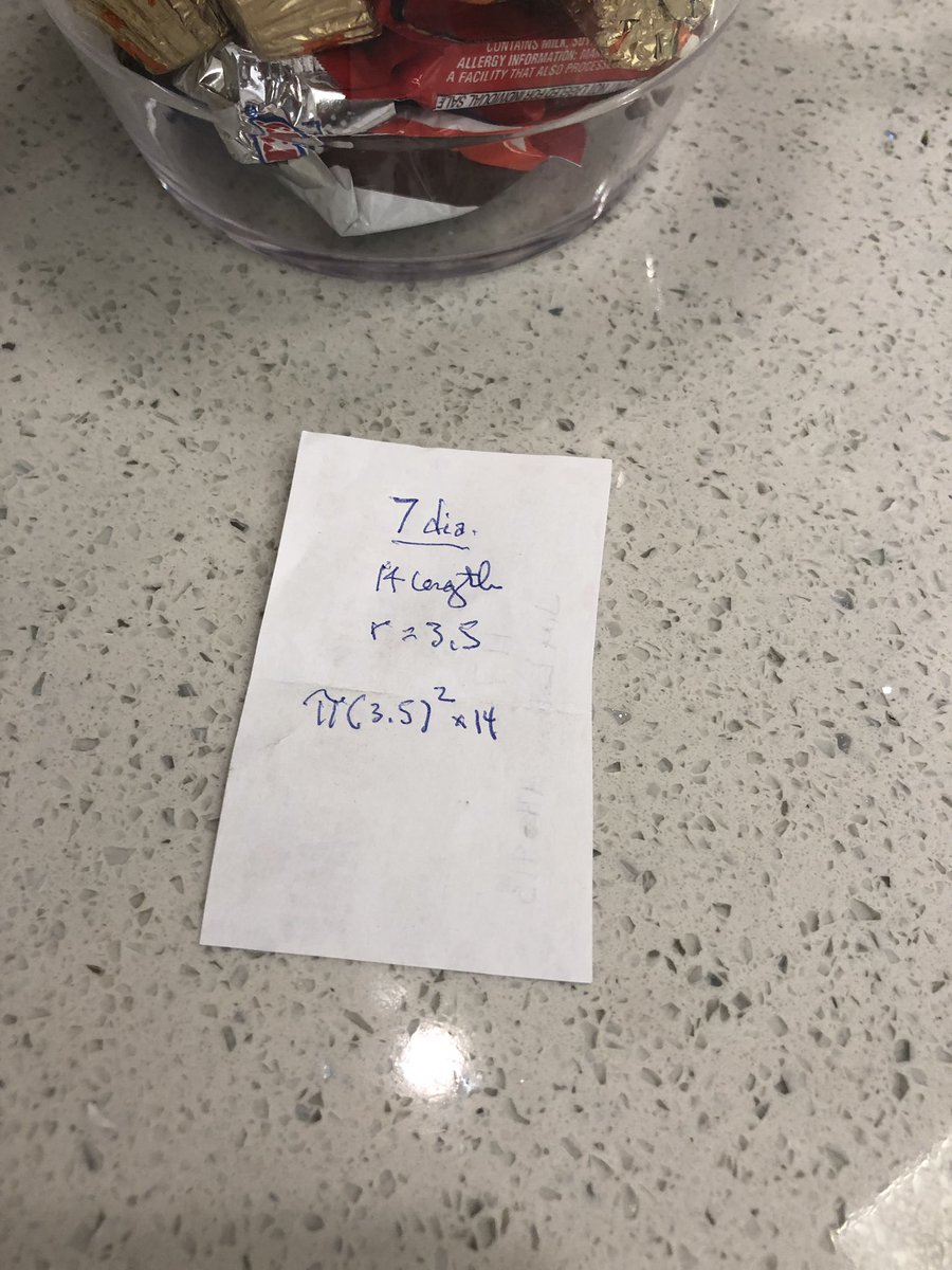 MsPingel's tweet photo. My apartment building is having a contest. Gotta guess how many pieces of candy are in the pitcher. I SO appreciate my neighbor’s math on the back of his ticket!! #MathTeacher #RealWorld #MathApplication https://t.co/Fuwq0R2Jrl