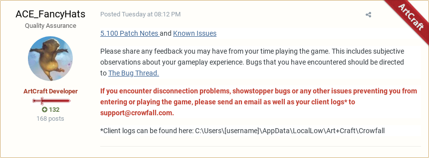 ProjectMalekai's tweet photo. ACE_FancyHats posted in "5.100 Snap Test Feedback Reports 8/20/19 and 8/22/19" #Crowfall #RedPost
https://t.co/8Wnd1qOerO https://t.co/UiZVmA3bmv