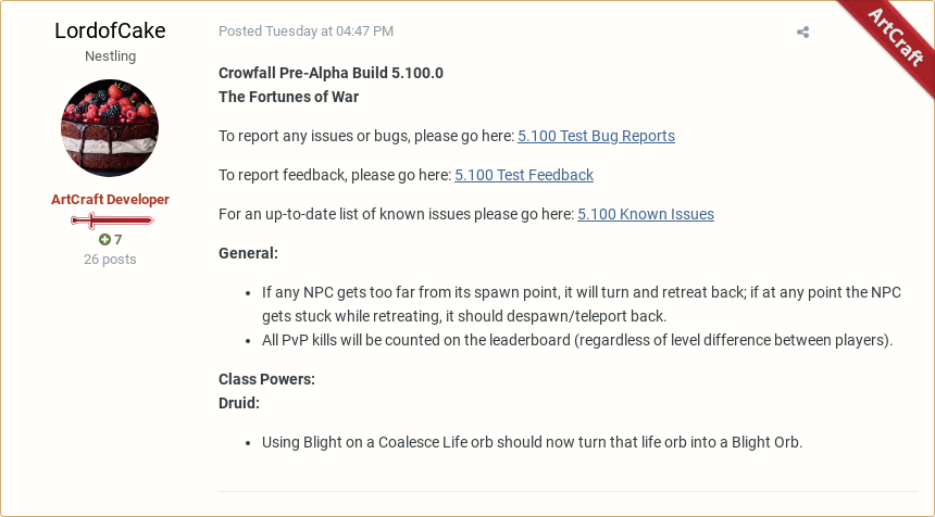 ProjectMalekai's tweet photo. LordofCake posted in "5.100 Snap TEST Patch Notes for 8/20/19 and 8/22/19" #Crowfall #RedPost
https://t.co/DDvJMElSHw https://t.co/wj7Usm8jV1
