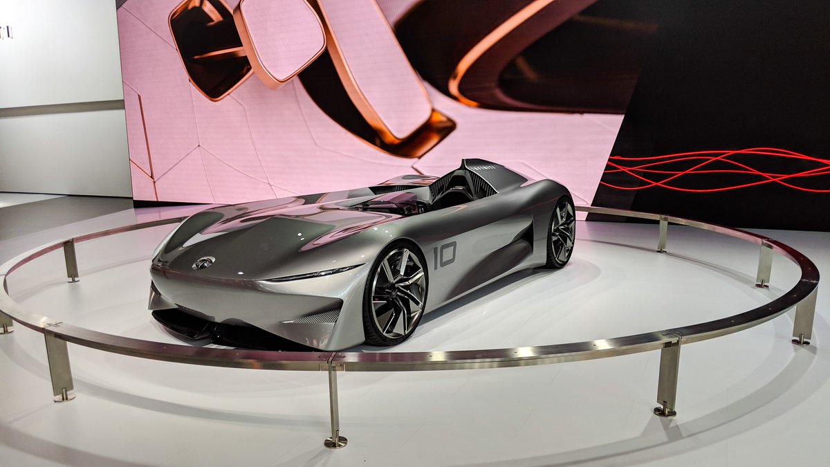 detautoshow's tweet photo. In addition to the #QX Inspiration, @InfinitiUSA also had the #Prototype10 #electric speedster concept on display at #NAIAS2019. The open cockpit and low profile mean you’ll experience every ounce of the 100% of available torque it delivers when your foot hits the accelerator. https://t.co/LM8ieqCetn