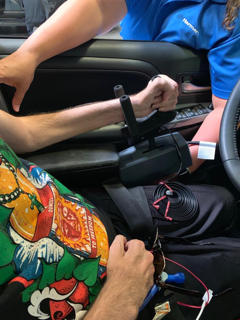 CastilloMarcos7's tweet photo. First fitting for the high tech driving equipment and placements. As you can see by my left tire it's not a game of inches but a game of centimeters. I have some adjustments to do to the chair then back for another fitting next week. #hightechdriving #disability #DisabledChicano https://t.co/tj3z2mqUcM