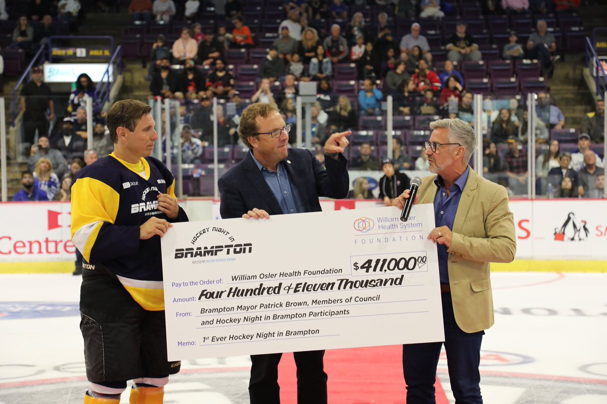 patrickbrownont's tweet photo. Thank you #Brampton! Together, we raised a record $411,000 for new cardiac equipment at Brampton Civic Hospital. Special thanks to our captains @MapleLeafs’ Jason Spezza &amp; @NHLFlames’ @Monahan20. #Brampton gives big for great causes. @OslerHealth @CityBrampton @OslerFoundation https://t.co/QHcCl7rvHM
