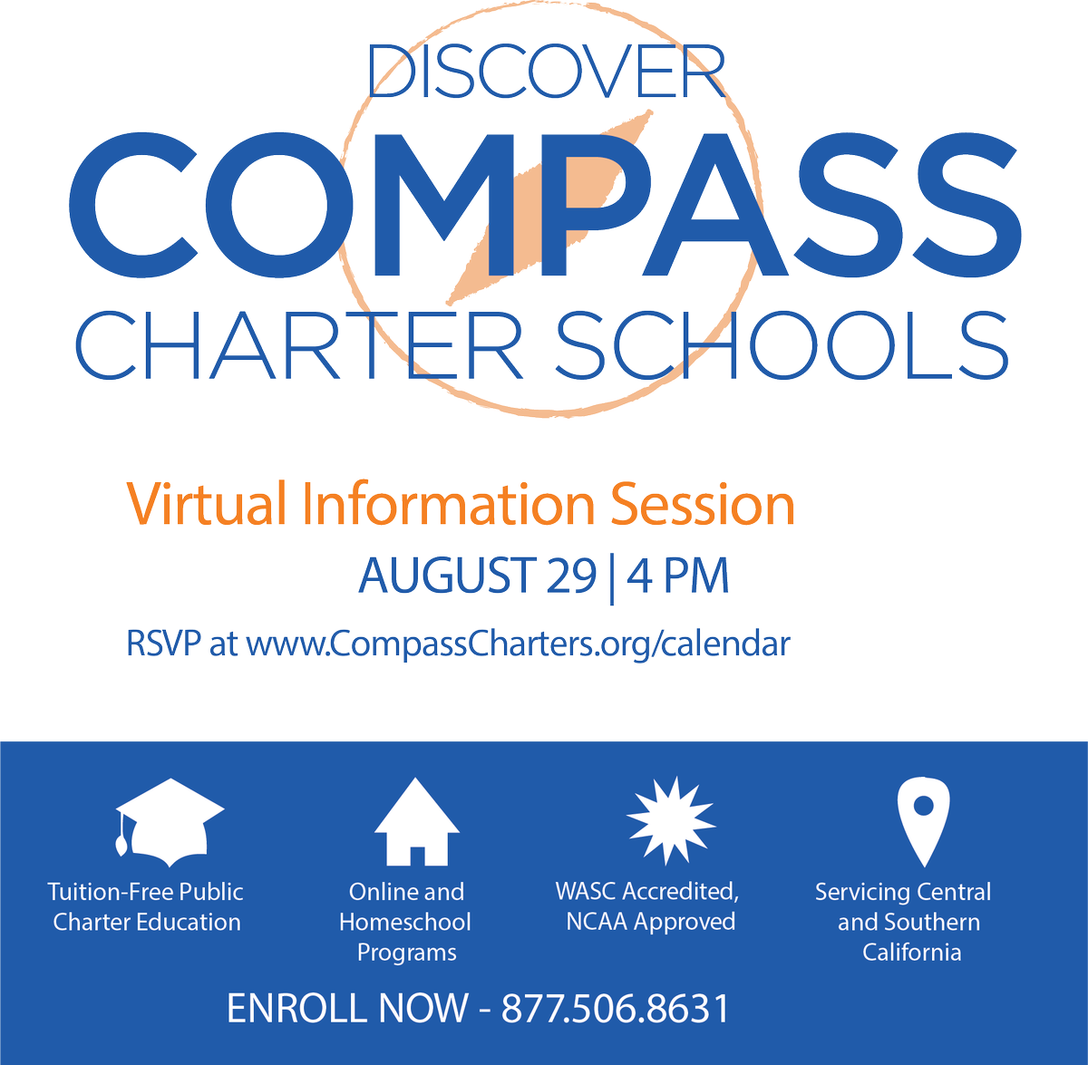 CompassCs's tweet photo. Do you know someone who is looking for a new school for their child? Invite them to our virtual information session on Thursday, August 29 at 4pm! Come learn about our #academic programs, #engagement, #support services &amp; more! https://t.co/usY7i1Fvc8 https://t.co/lTtGjP9dNd