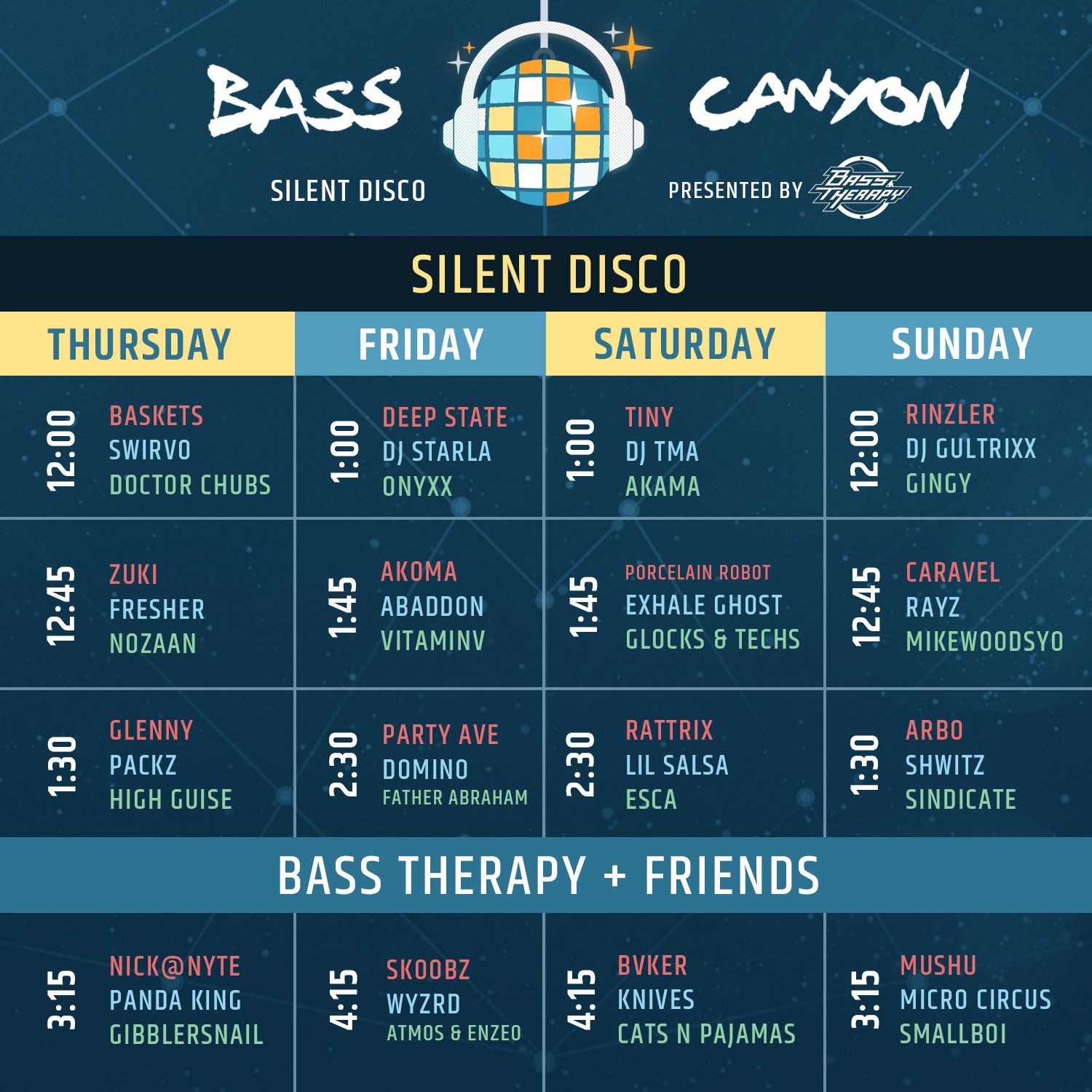 The Bass Canyon Silent Disco schedule 