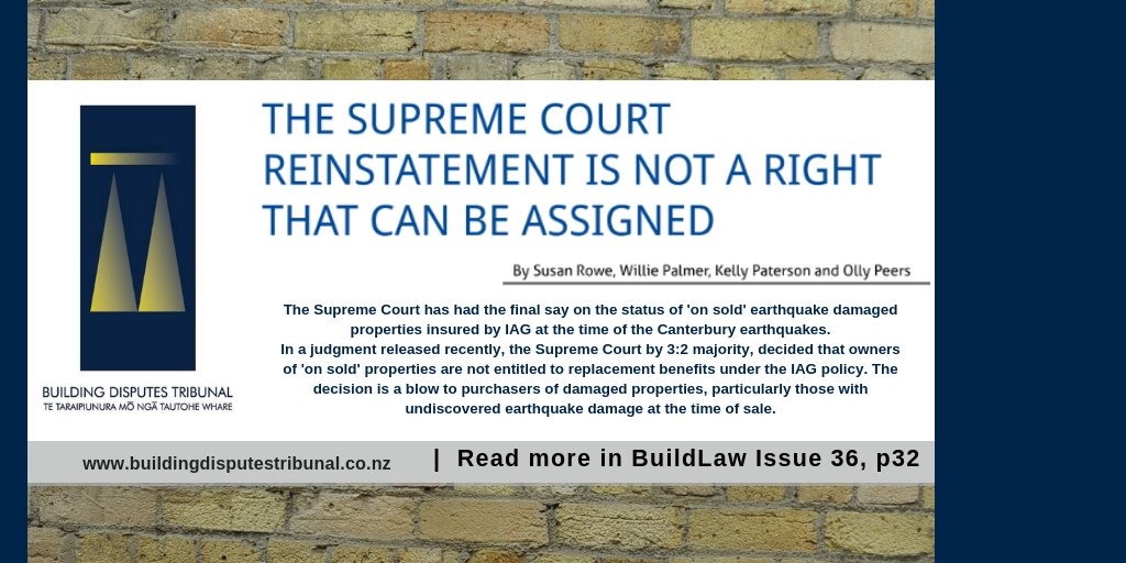BDT_NZ's tweet photo. In a judgment released recently, the Supreme Court had the final say on the status of 'on sold' earthquake damaged properties insured by IAG at the time of the Canterbury earthquakes. Link below.
#BuildLaw #propertyinsurance #Canterburyearthquakes  

https://t.co/nkxwKkK7ZN https://t.co/KmK3TZ8S61