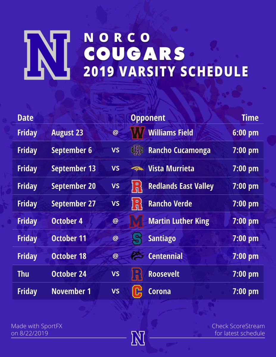 ScoreStreamMW's tweet photo. @NorcoASB @NorcoHS_sports we teamed up with the AP and your schedule is done! Here is a 🏈 schedule I made with SportFX our new photo/video tool just for sports!  ➡️ https://t.co/rtdLoztEBW https://t.co/A6OOgYbAyr