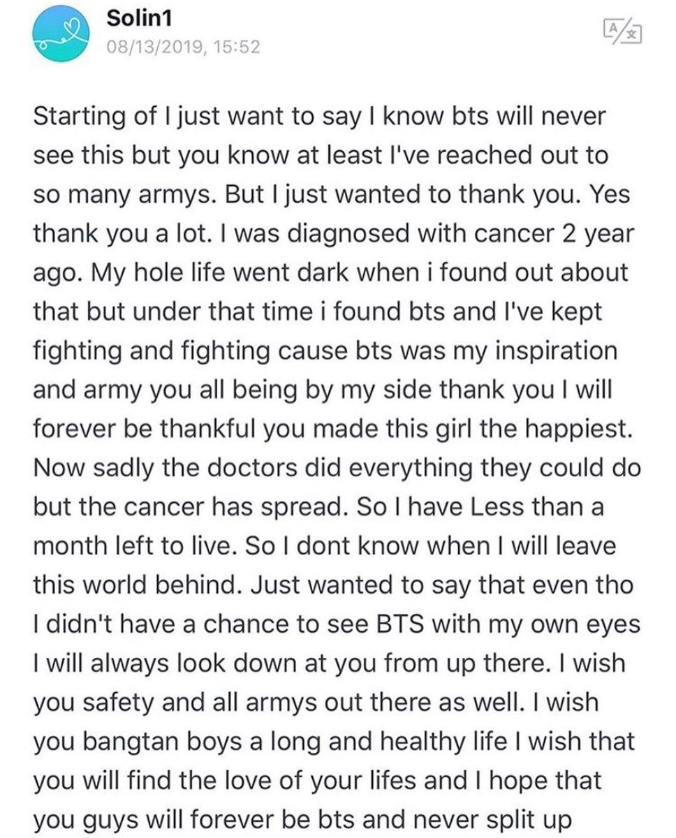 BTSDYNAMITE1306's tweet photo. Está army fue diagnosticada con cáncer hace dos años, aparentemente hace poco falleció. 
Pero antes de irse dejo esta triste y hermosa carta para ARMY Y BTS😔💔💜. @_yoongiwings @loseorBTS @Yoongiftbin @Yoongillauren @Young_foreverV @VanGtaegi_ @BTS_twt https://t.co/5FLFQcN2Fp