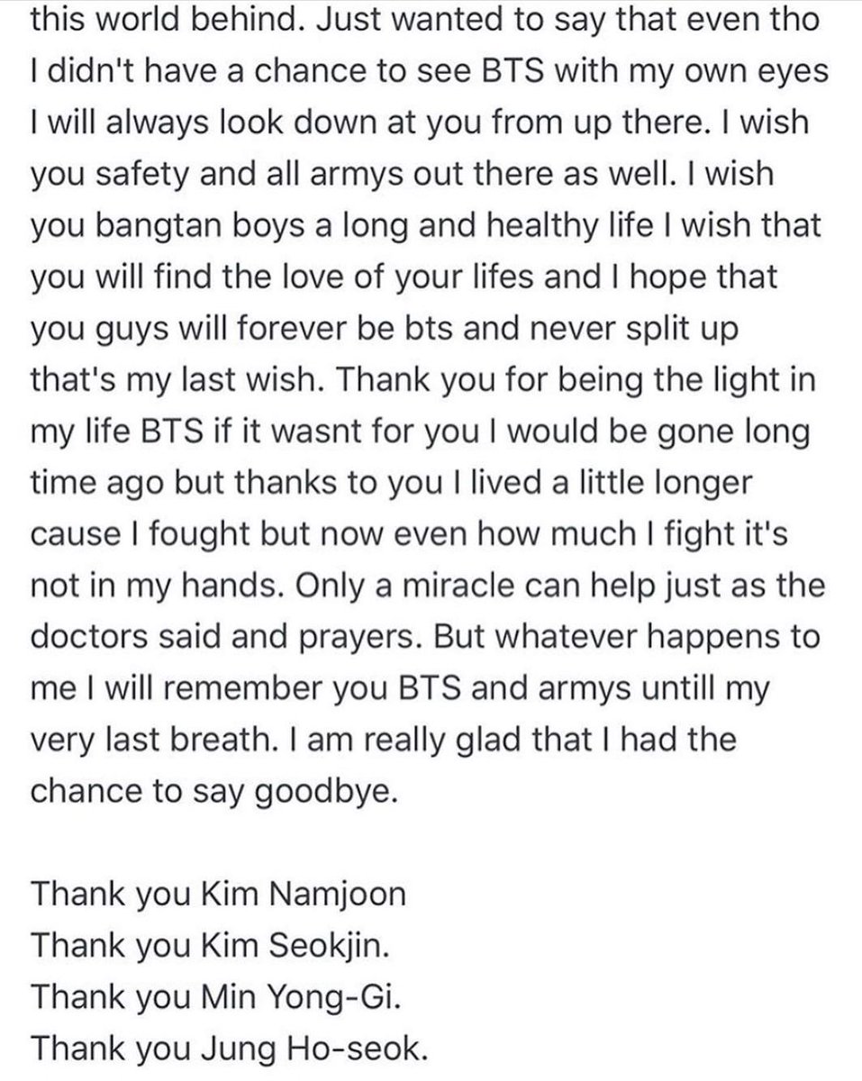 BTSDYNAMITE1306's tweet photo. Está army fue diagnosticada con cáncer hace dos años, aparentemente hace poco falleció. 
Pero antes de irse dejo esta triste y hermosa carta para ARMY Y BTS😔💔💜. @_yoongiwings @loseorBTS @Yoongiftbin @Yoongillauren @Young_foreverV @VanGtaegi_ @BTS_twt https://t.co/5FLFQcN2Fp
