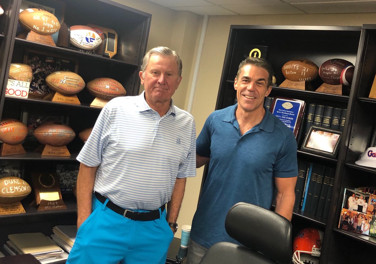 cbfowler's tweet photo. At The Swamp today. Always love spending time with Steve Spurrier! There will always be just one HBC. He wants you to know he went out a winner: his Orlando Apollos were ruled champs of ill-fated AAF🤷🏻‍♂️
And dammit, he’s proud of that. He’s pumped for ‘19 ⁦@GatorsFB⁩ https://t.co/OkAFwuDkwW
