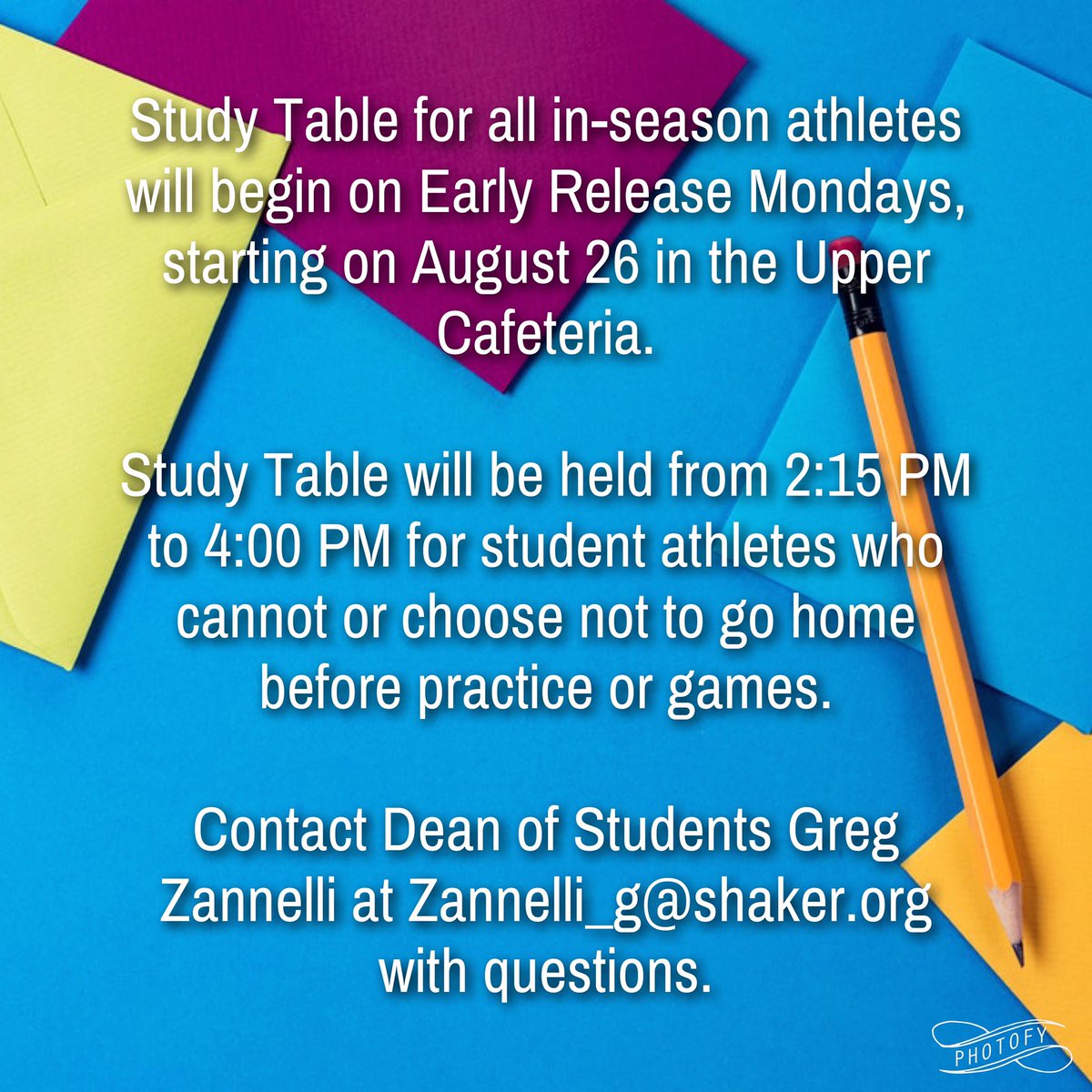 Study Table for athletes starts August 26.