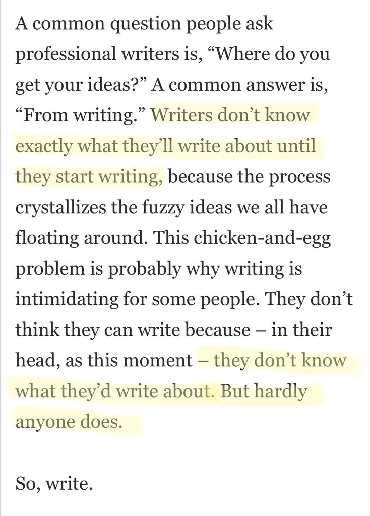 You won’t run out of ideas.Good ideas create more good ideas.Your best ideas are hiding in the shadows. They’ll come to light once your fingers hit the keyboard.“So, write.” —  @morganhousel