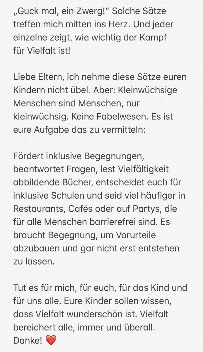 „Guck mal, ein Zwerg!“ Solche Sätze treffen mich als kleinwüchsigen Menschen mitten ins Herz....

Ich nehme sie euren Kindern nicht übel, aber jeder einzelne zeigt, wie wichtig der Kampf für Vielfalt ist. Liebe Eltern, ich habe einen Wunsch an euch. ⬇️