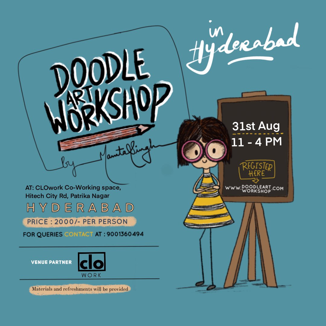 cloworknow's tweet photo. Aren't we all doodlers since childhood? Even now, at the workplace, doodling overcomes boredom.
On Aug 31st, join professional doodler, Mamta Singh to hone your doodling skills.
#doodling #artworkshop #arts #doodlers #weekend #fun #clowork #cloworknow #coworking #events https://t.co/LWRcDOdgHl